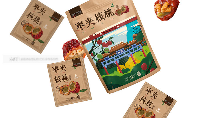 包装视觉创意设计素材，枣夹核桃
##图片标签：红枣, 核桃, 包装设计, 棕色, 绿色, 山水画, 零食-高清免费商用摄影插画图片素材、设计案例